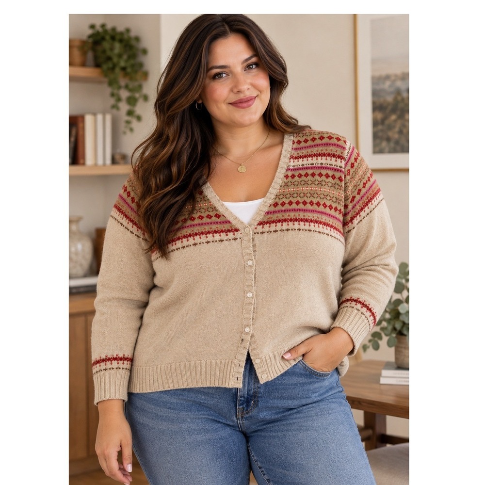 Lands' End Cardigan Women 2X Beige Excellent Fair Isle Cotton Knit V-Neck